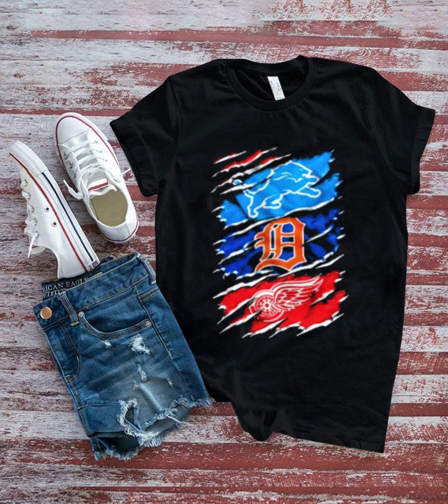 Detroit Lions Tigers Red Wings Scratch Mashup T-Shirt