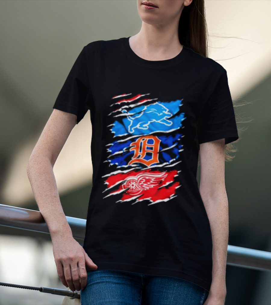 Detroit Lions Tigers Red Wings Scratch Mashup T-Shirt