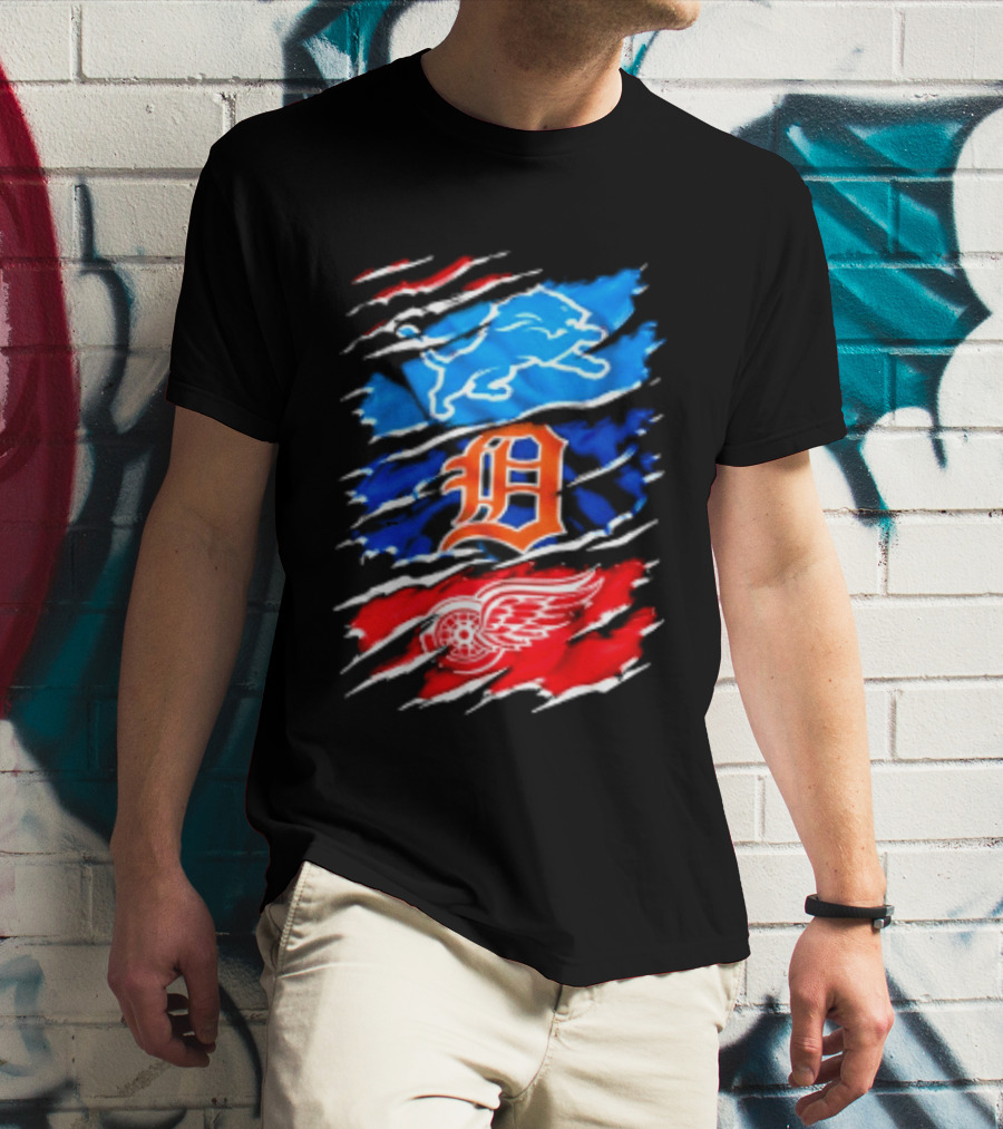 Detroit Lions Tigers Red Wings Scratch Mashup T-Shirt