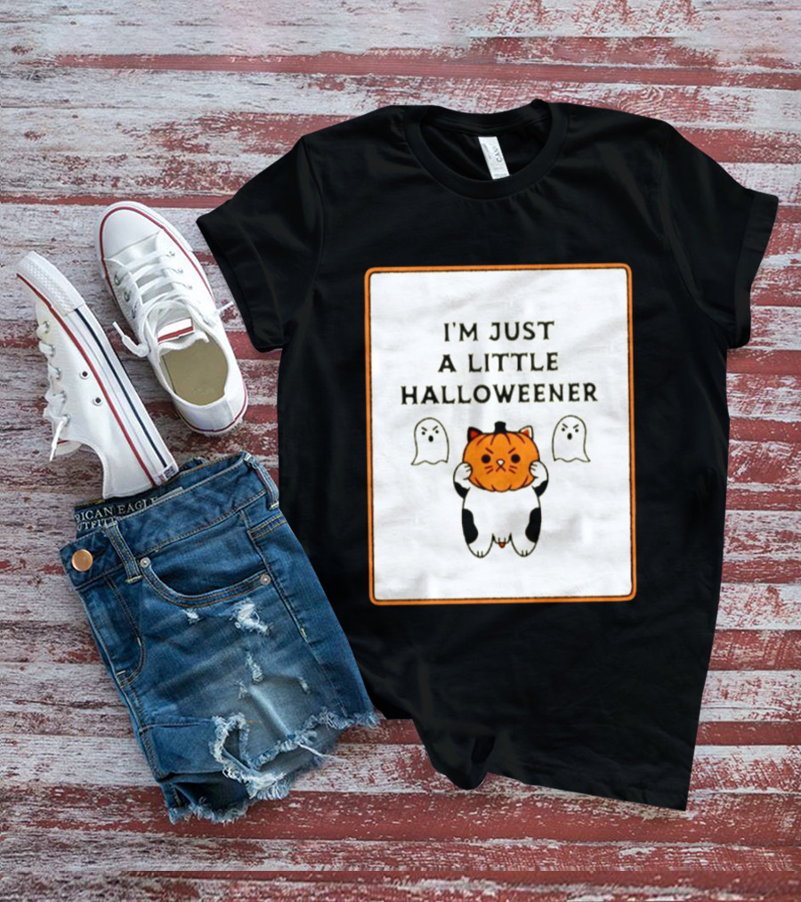 I'm Just A Little Halloweener Cat Holding Pumpkin Face With Ghosts T-Shirt