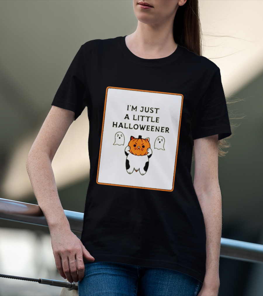 I'm Just A Little Halloweener Cat Holding Pumpkin Face With Ghosts T-Shirt