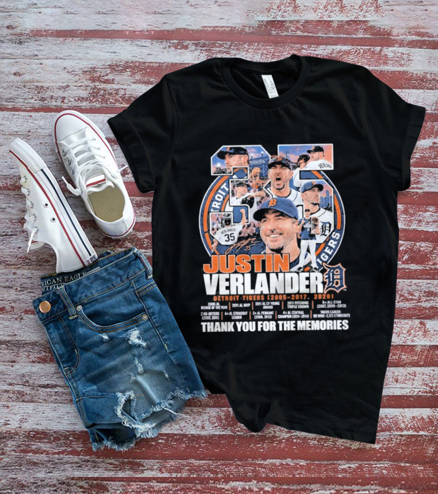 Justin Verlander Detroit Tigers 35 Thank You For The Memories 2005 2017 2026 T-Shirt