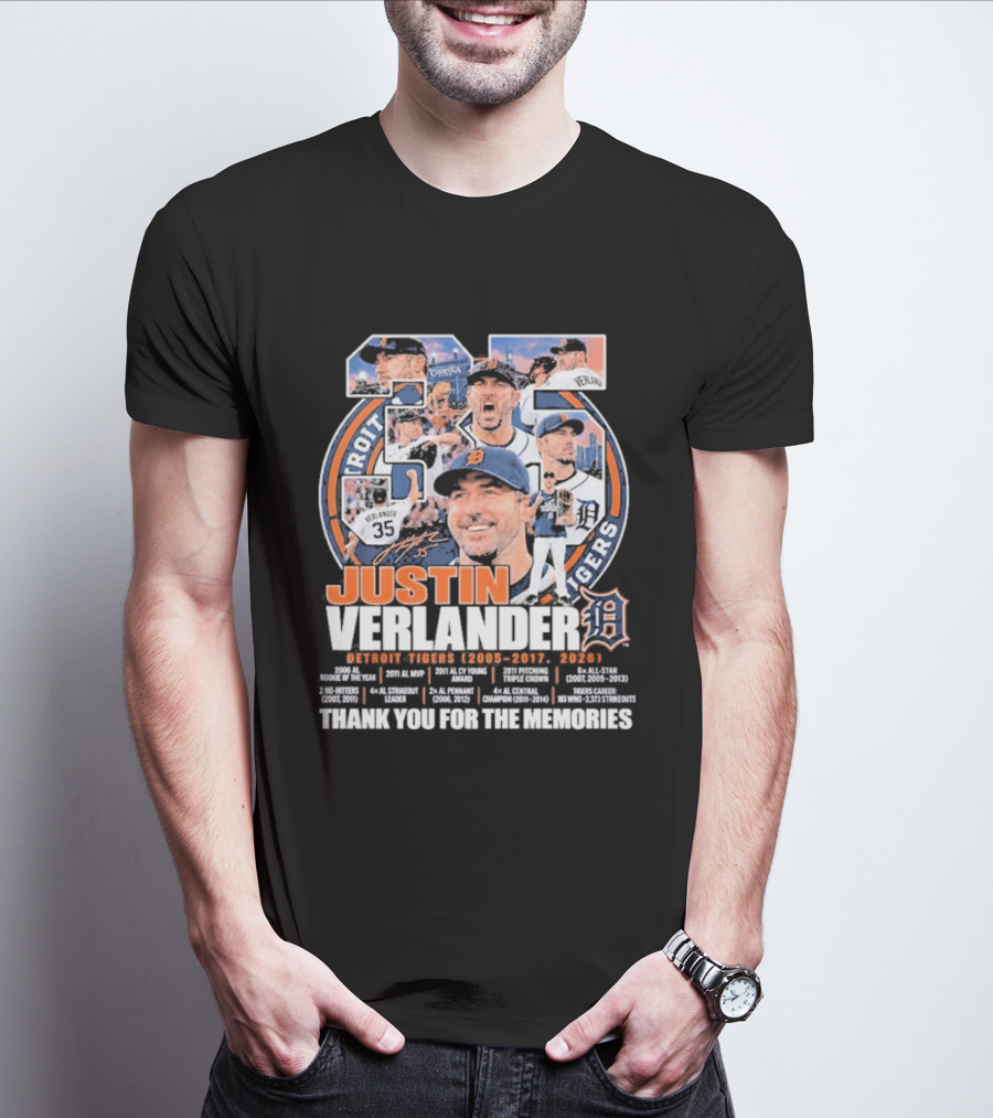 Justin Verlander Detroit Tigers 35 Thank You For The Memories 2005 2017 2026 T-Shirt