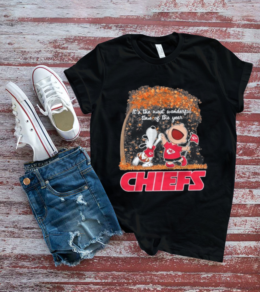 Kansas City Chiefs Snoopy Charlie Brown Dancing It's The Most Wonderful Time Of The Year T-Shirt