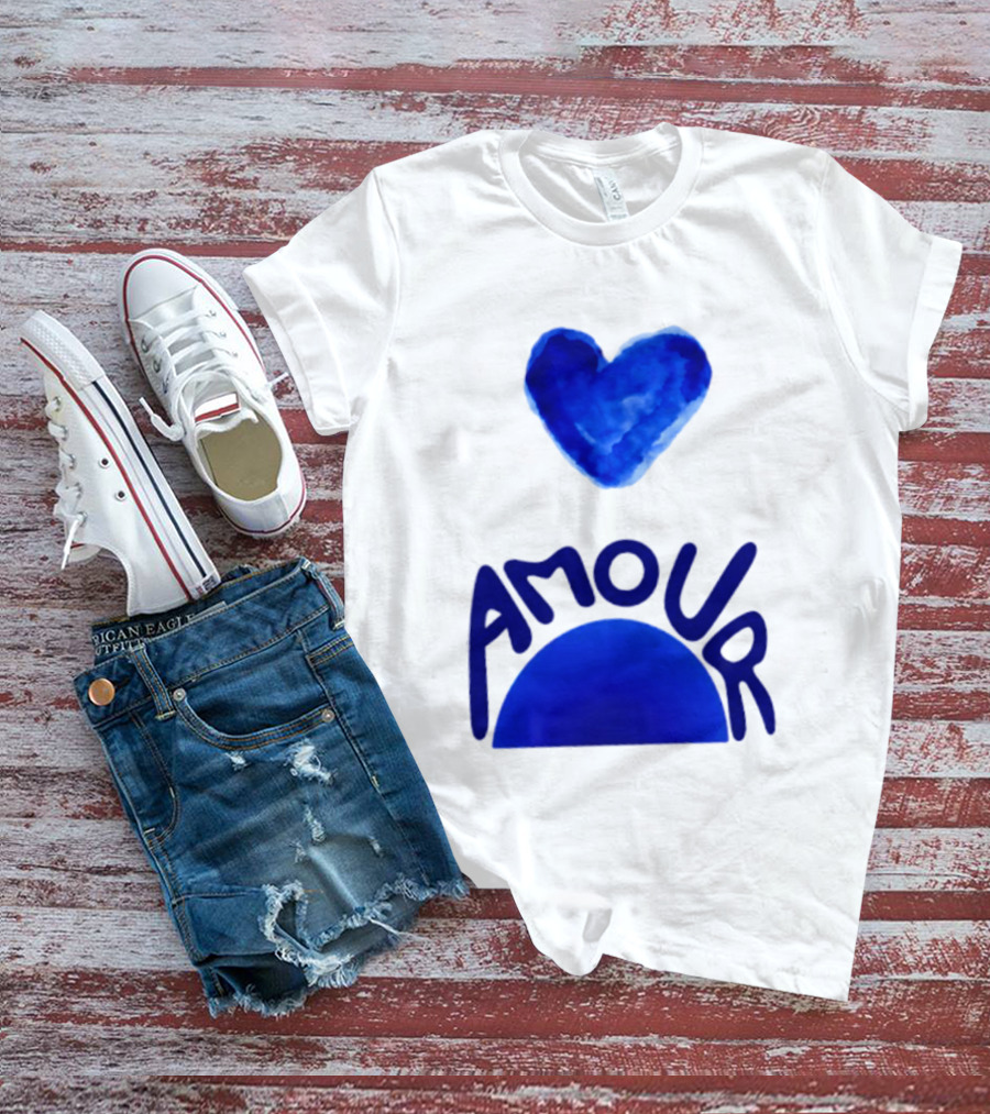 Amour Blue Heart French Love Watercolor T-Shirt