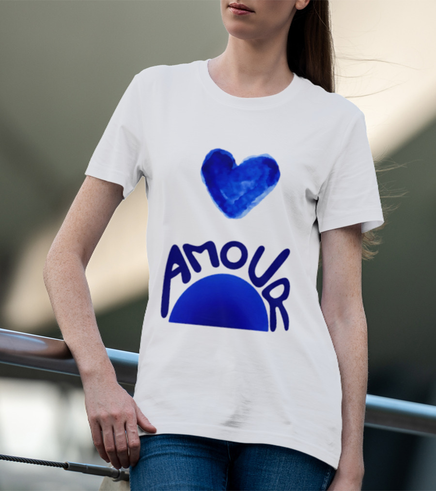 Amour Blue Heart French Love Watercolor T-Shirt