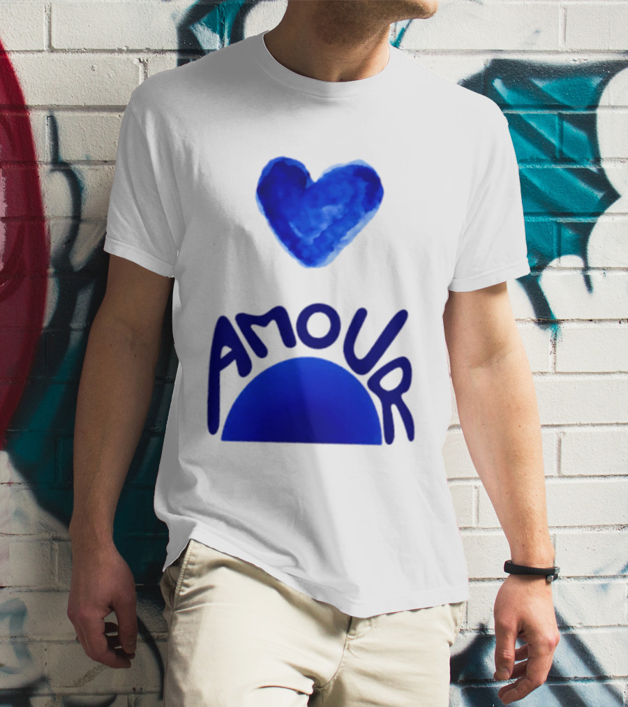 Amour Blue Heart French Love Watercolor T-Shirt