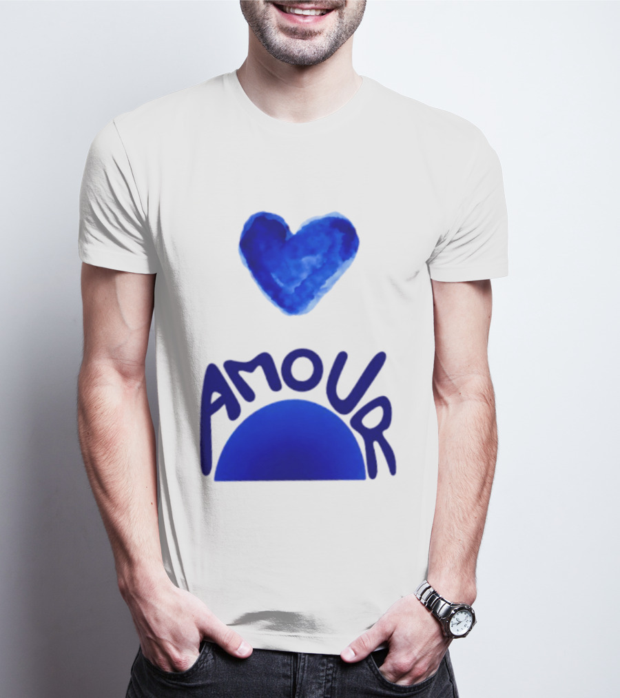 Amour Blue Heart French Love Watercolor T-Shirt