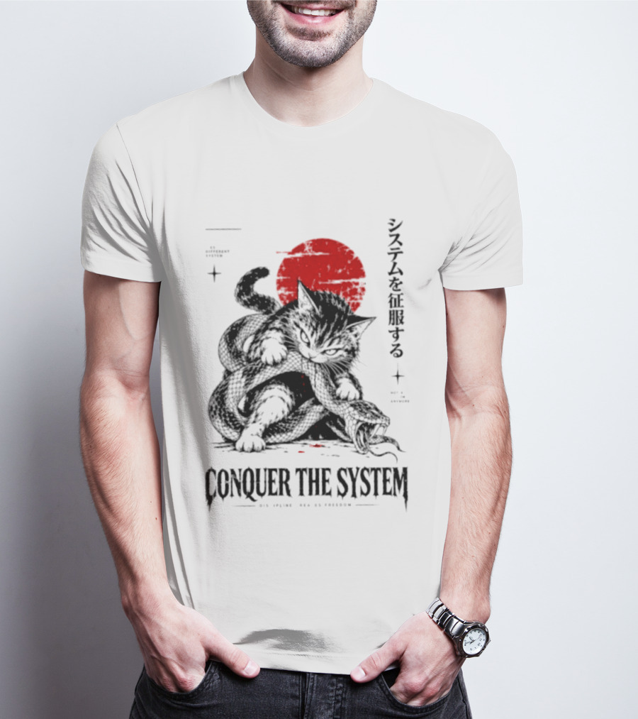 Cat Conquer The System Discipline Creates Freedom Japanese Style Red Sun T-Shirt