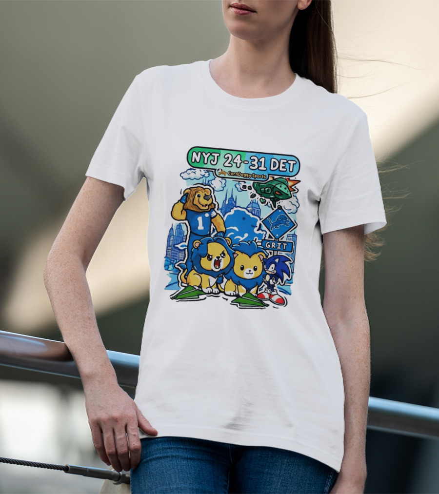 NYJ 24 31 DET Corndoggy Sports Grit Lions Cityscape T-Shirt