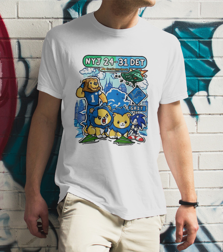 NYJ 24 31 DET Corndoggy Sports Grit Lions Cityscape T-Shirt