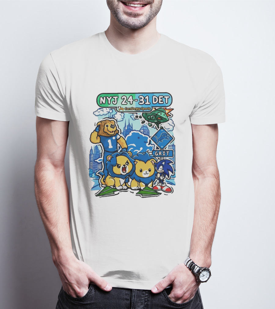 NYJ 24 31 DET Corndoggy Sports Grit Lions Cityscape T-Shirt