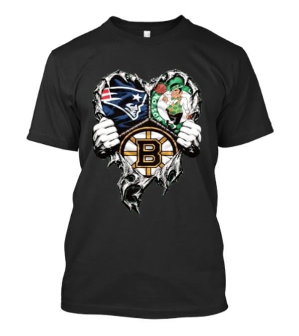 New England Patriots Boston Celtics Boston Bruins Ripped Heart Triple Team Sports T-Shirt