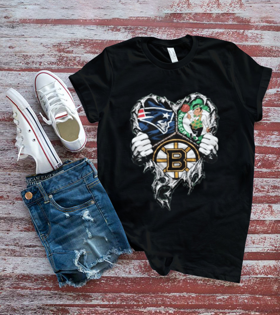 New England Patriots Boston Celtics Boston Bruins Ripped Heart Triple Team Sports T-Shirt