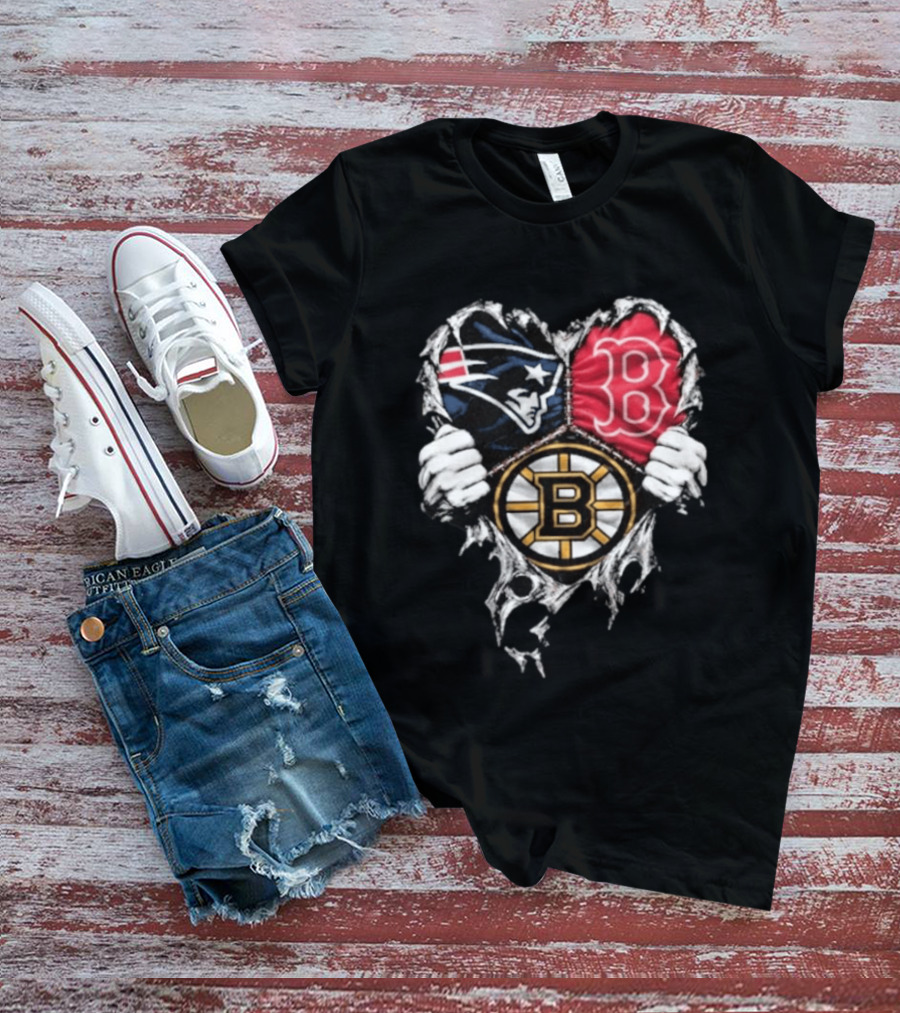 New England Patriots Boston Red Sox Boston Bruins Heart Iconic Trio T-Shirt