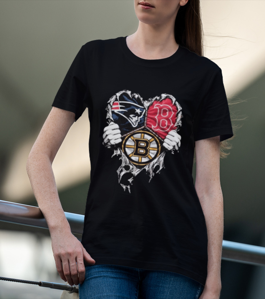 New England Patriots Boston Red Sox Boston Bruins Heart Iconic Trio T-Shirt