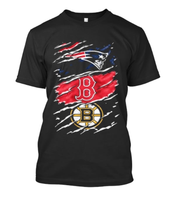 New England Patriots Boston Red Sox Boston Bruins Ripped Distressed Triple Team Sports T-Shirt