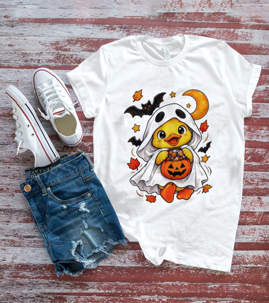 Ghost Ducking With Halloween Pumpkin Candy Bucket Bat Moon And Stars T-Shirt