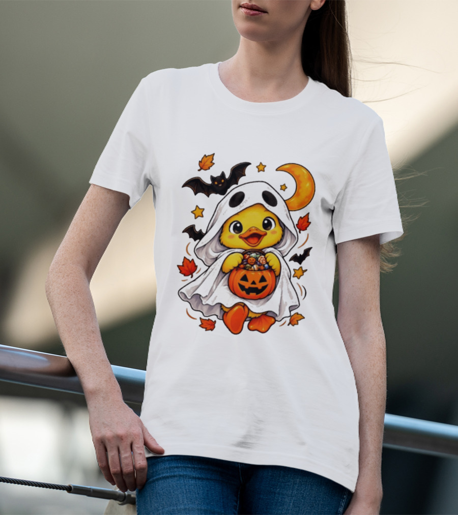 Ghost Ducking With Halloween Pumpkin Candy Bucket Bat Moon And Stars T-Shirt