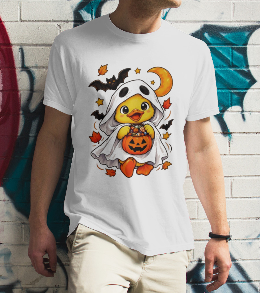 Ghost Ducking With Halloween Pumpkin Candy Bucket Bat Moon And Stars T-Shirt