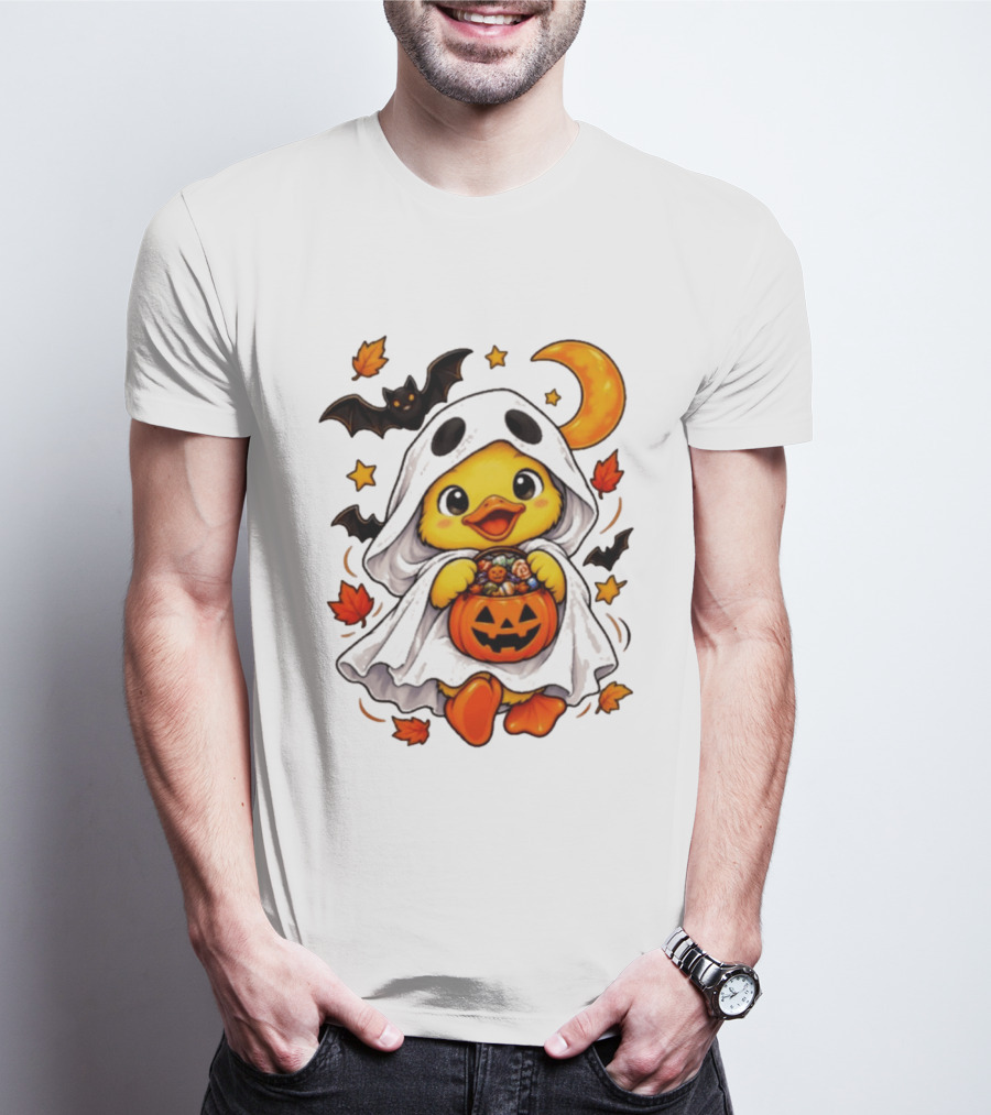 Ghost Ducking With Halloween Pumpkin Candy Bucket Bat Moon And Stars T-Shirt