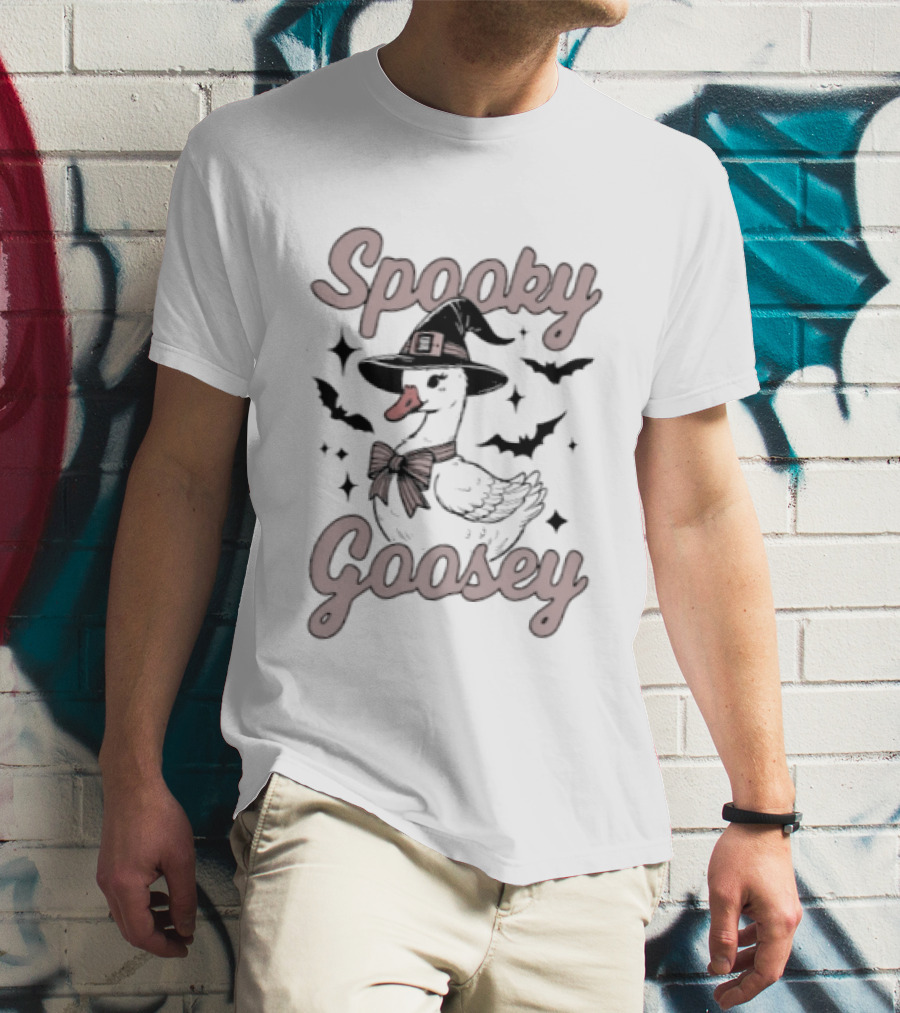 Spooky Goosey Witch Hat Bow Halloween Bats And Stars T-Shirt