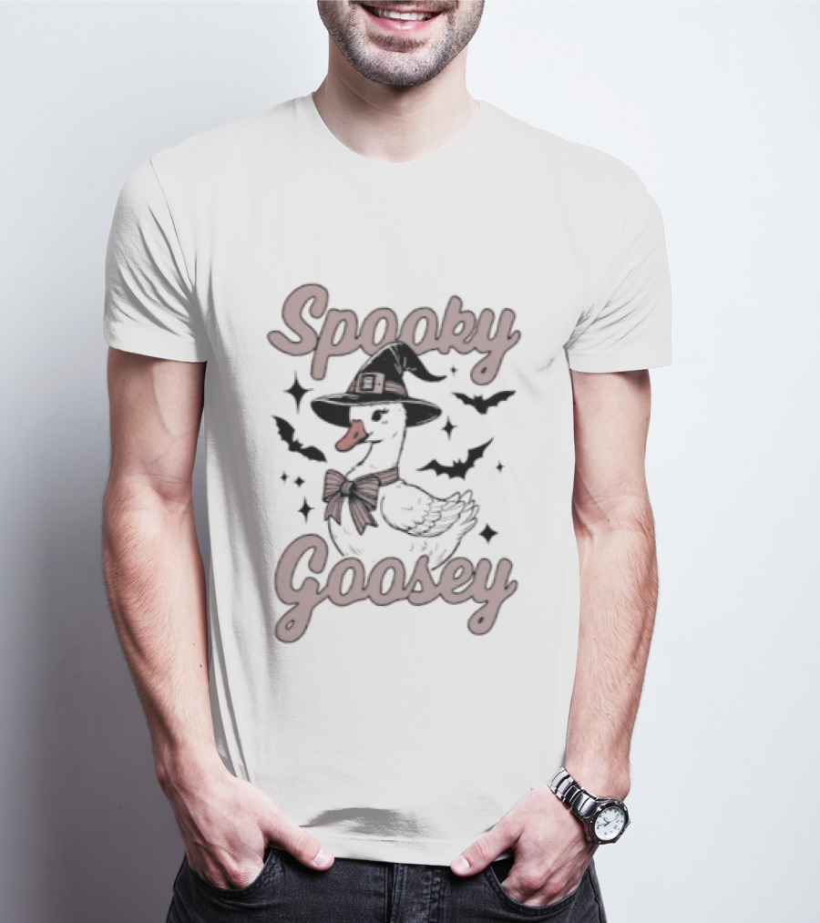 Spooky Goosey Witch Hat Bow Halloween Bats And Stars T-Shirt