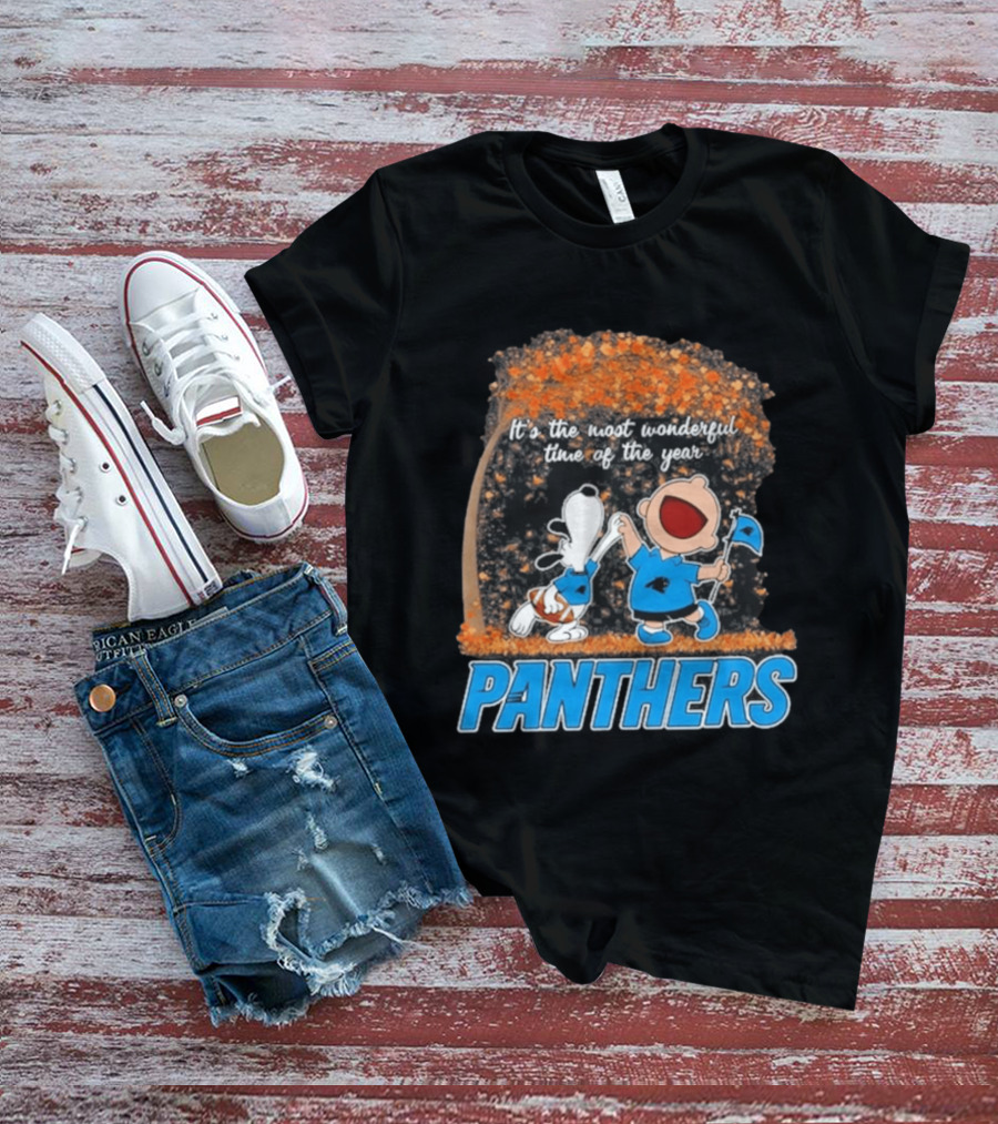Carolina Panthers Snoopy Charlie Brown Dancing It's The Most Wonderful Time Of The Year 2026 T-Shirt