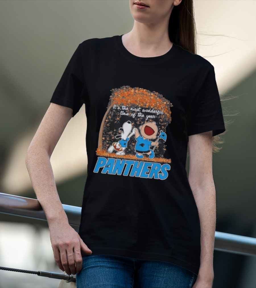 Carolina Panthers Snoopy Charlie Brown Dancing It's The Most Wonderful Time Of The Year 2026 T-Shirt