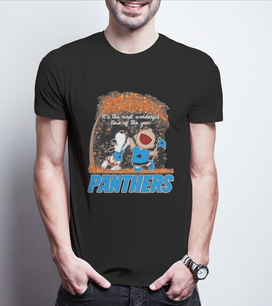 Carolina Panthers Snoopy Charlie Brown Dancing It's The Most Wonderful Time Of The Year 2026 T-Shirt