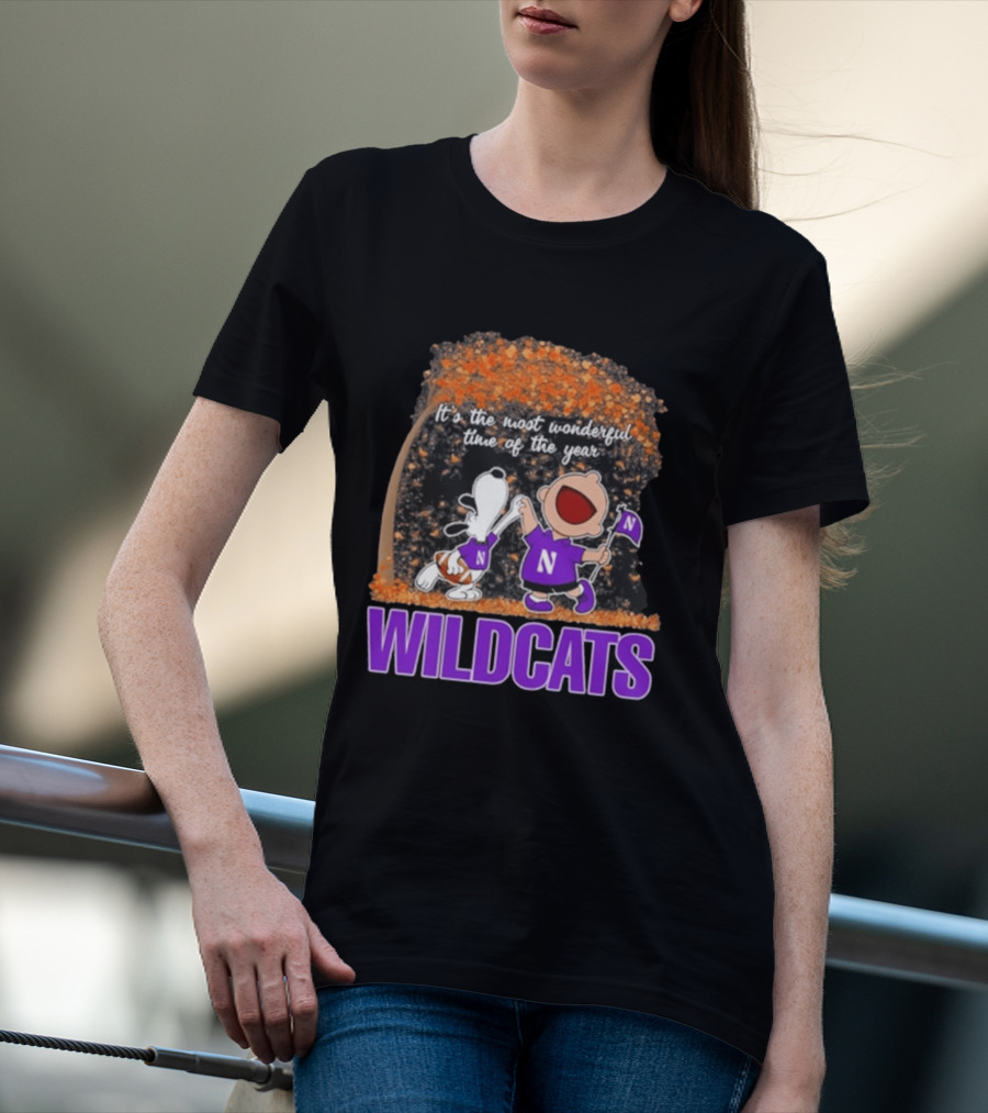 Northwestern Wildcats Snoopy Charlie Brown Dancing It's The Most Wonderful Time Of The Year T-Shirt