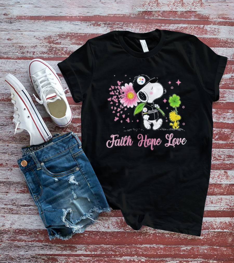 Pittsburgh Steelers Snoopy Woodstock 2026 Faith Hope Love Breast Cancer Awareness T-Shirt