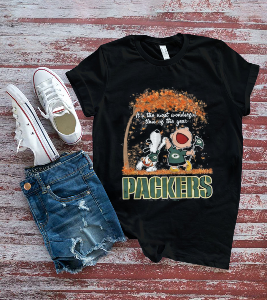 Green Bay Packers Snoopy Charlie Brown Dancing Autumn Leaves 2026 Most Wonderful Time T-Shirt