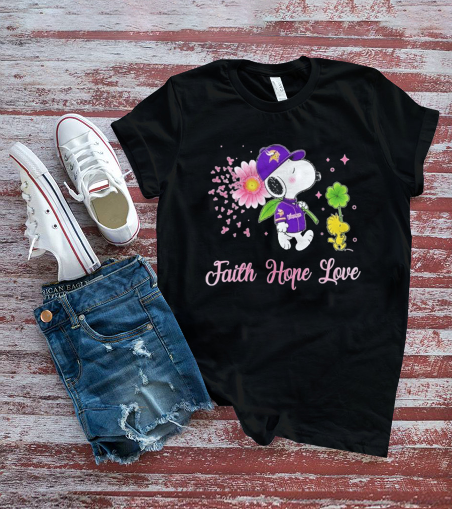 Minnesota Vikings Snoopy Faith Hope Love Breast Cancer Awareness 2026 T-Shirt