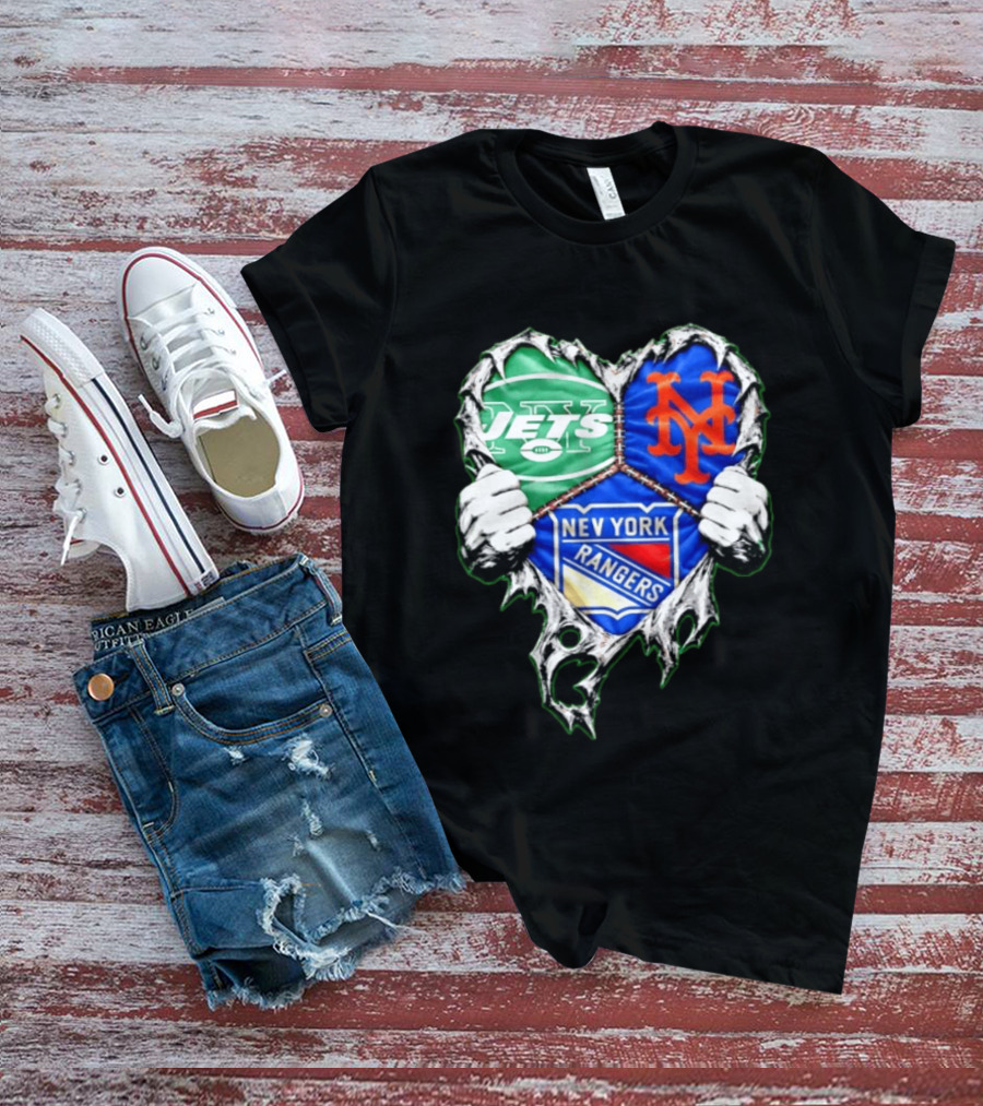 New York Jets Mets Rangers Heart Mashup Scratch T-Shirt