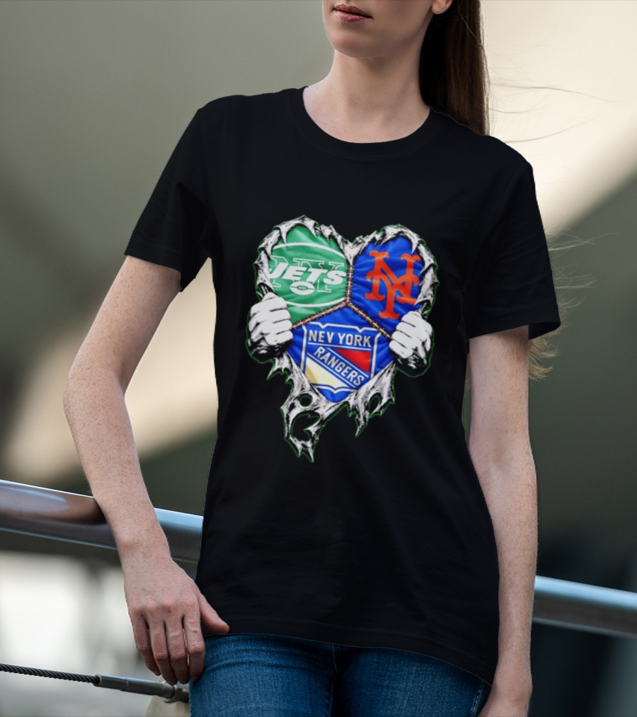 New York Jets Mets Rangers Heart Mashup Scratch T-Shirt