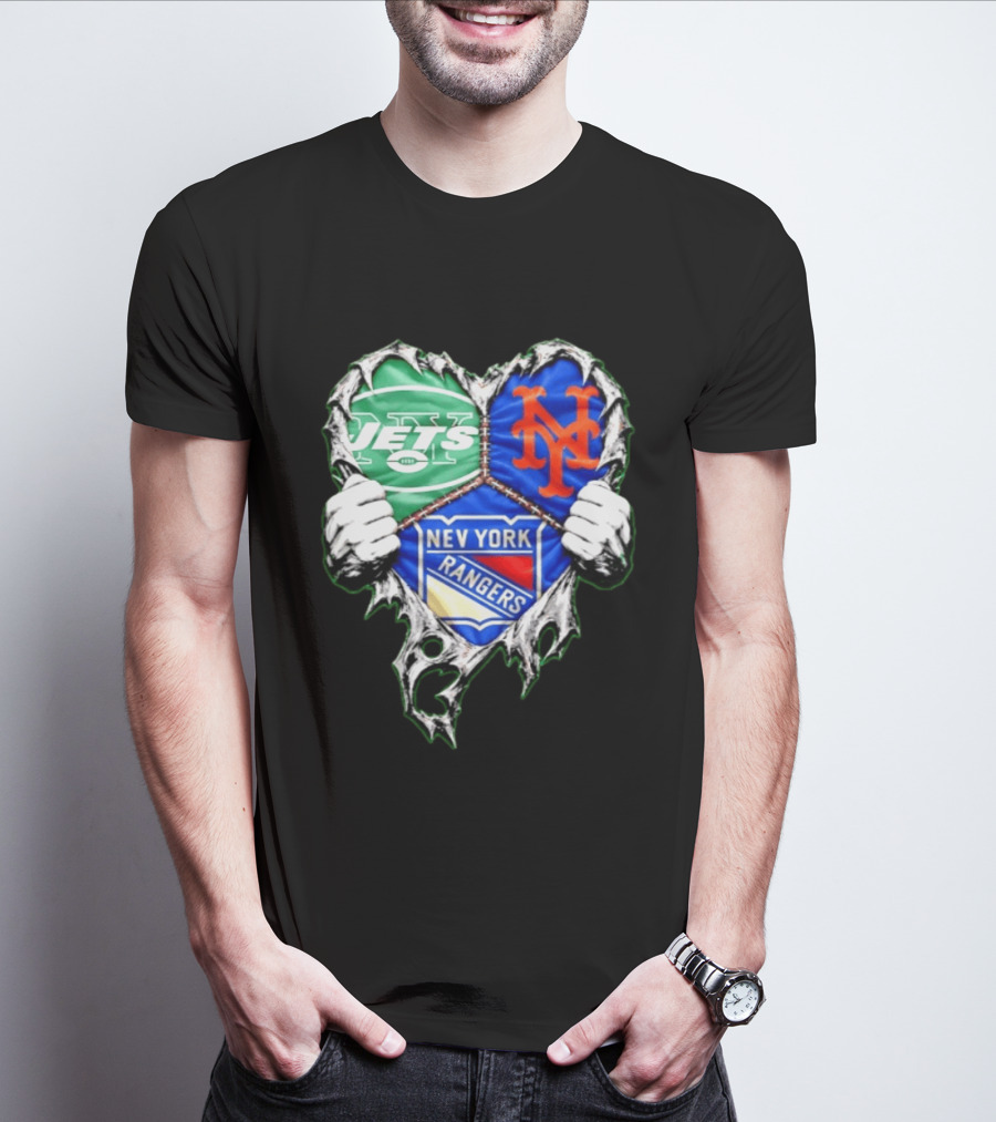 New York Jets Mets Rangers Heart Mashup Scratch T-Shirt