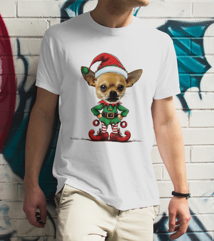 Chihuahua Elf Christmas 2026 Humor Meme Festive Dog In Santa Hat And Green Elf Outfit T-Shirt