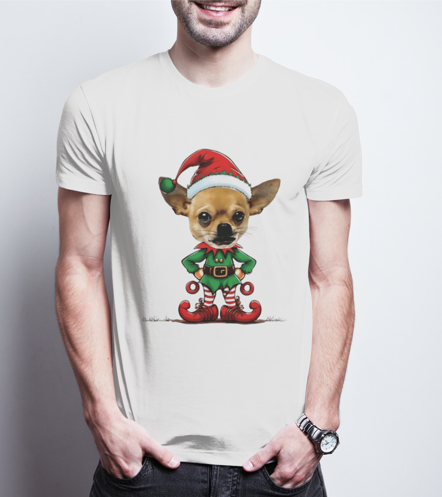Chihuahua Elf Christmas 2026 Humor Meme Festive Dog In Santa Hat And Green Elf Outfit T-Shirt