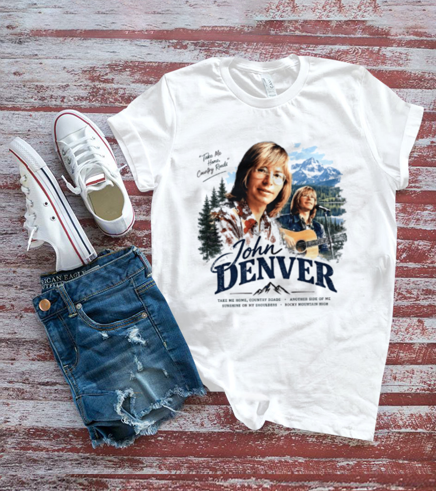 John Denver Take Me Home Country Roads Lyrics Mountains Forest Guitar Scene T-Shirt