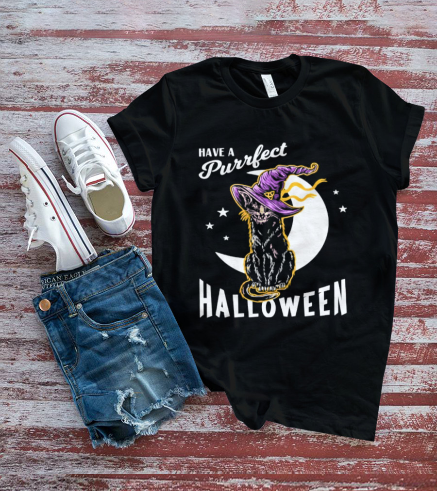 Have A Purrfect Halloween Black Cat And Moon With Witch Hat T-Shirt