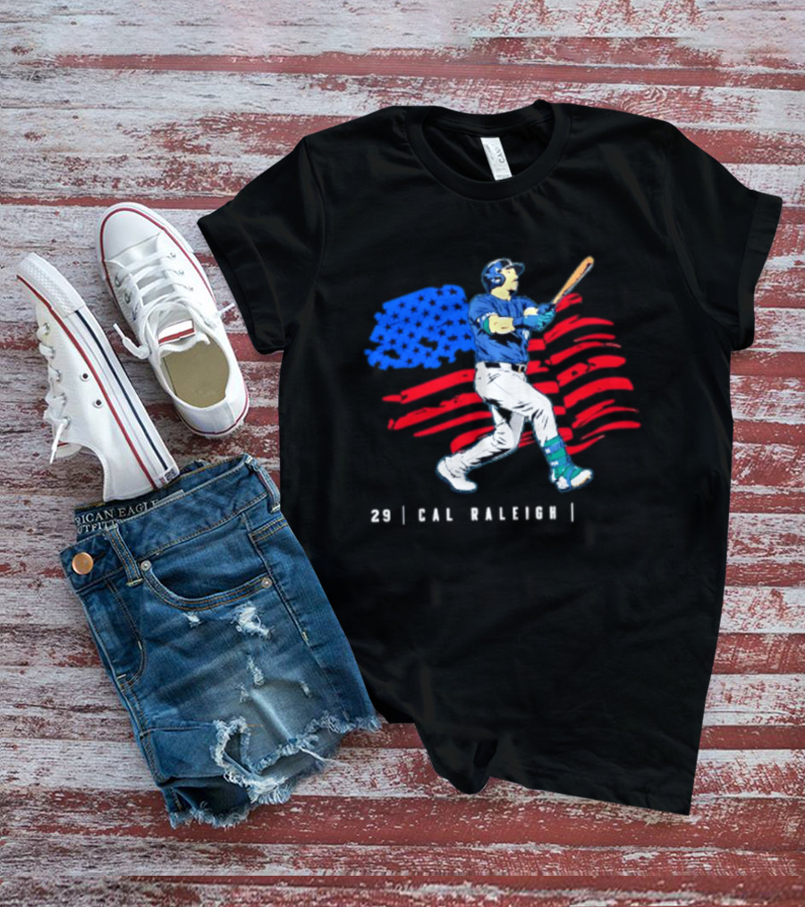 Cal Raleigh Baseball USA Flag Seattle Seahawks T-Shirt