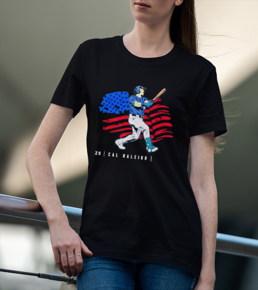 Cal Raleigh Baseball USA Flag Seattle Seahawks T-Shirt