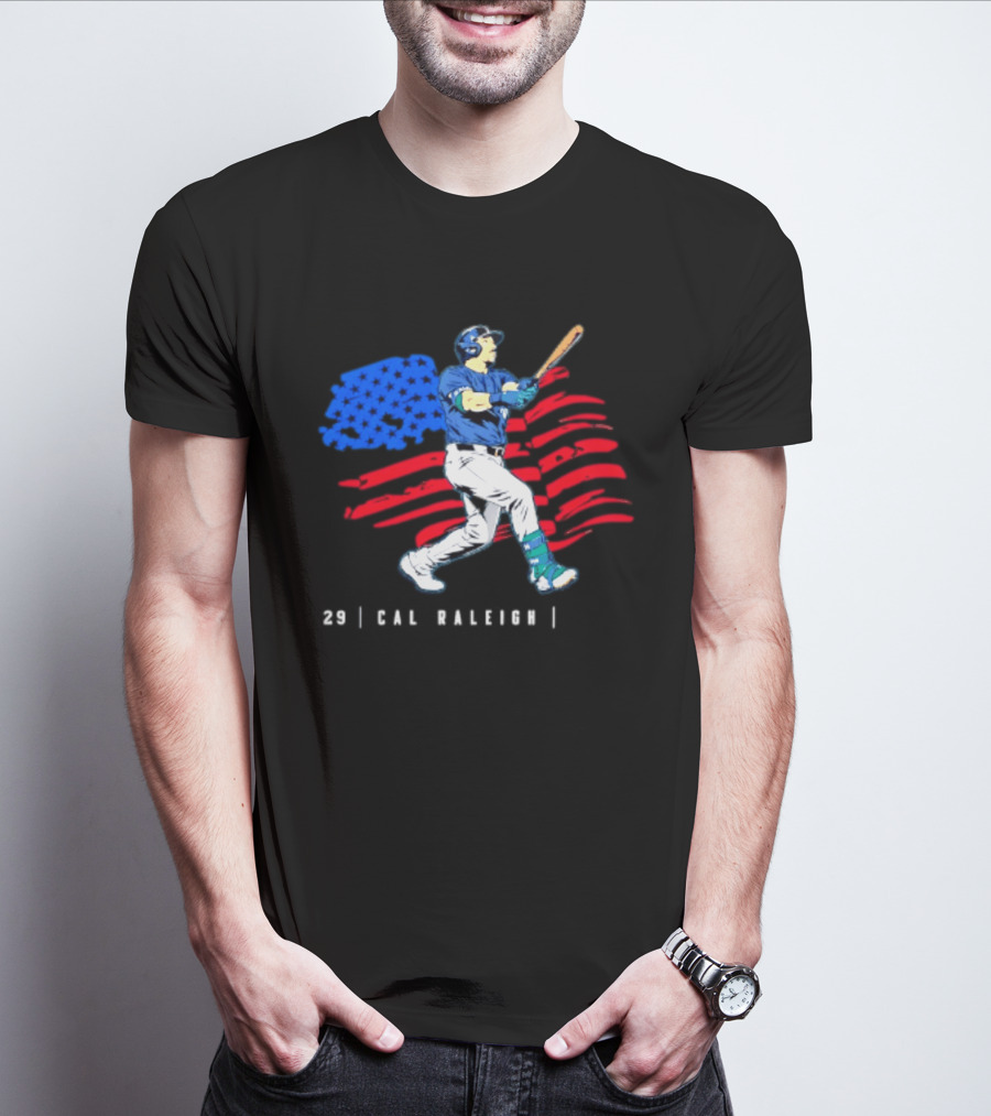 Cal Raleigh Baseball USA Flag Seattle Seahawks T-Shirt