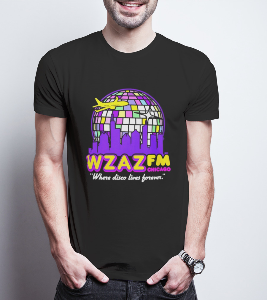WZAZ FM Chicago Disco Globe And Skyline Where Disco Lives Forever T-Shirt