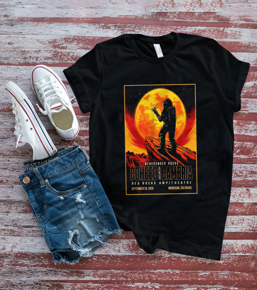 Neverender Rocks Coheed And Cambria Red Rocks Ampitheatre Morrison Colorado September 29 2026 Astronaut Orange Moon Scene T-Shirt