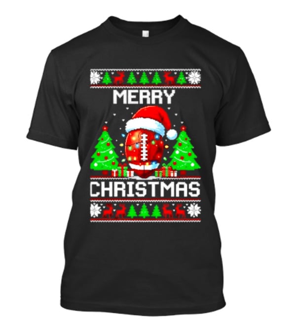 Merry Christmas Football Santa Hat Lights Festive Trees T-Shirt
