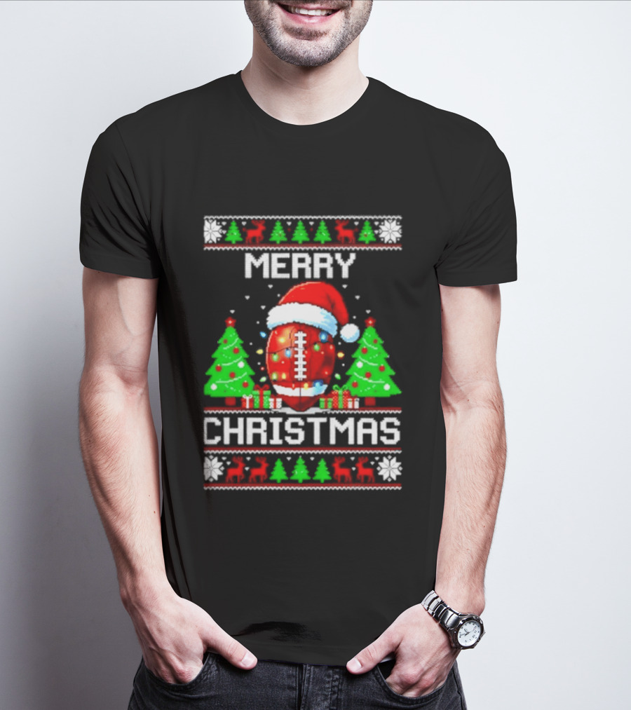 Merry Christmas Football Santa Hat Lights Festive Trees T-Shirt