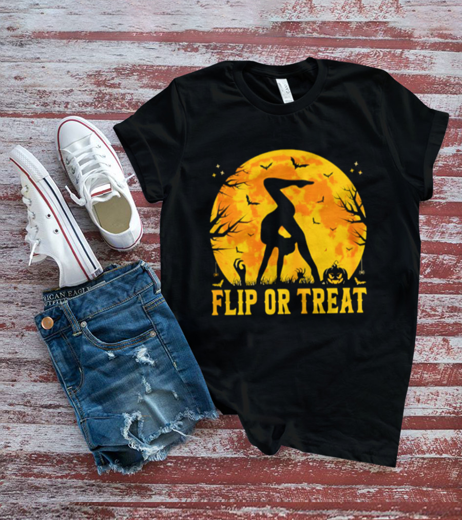 Flip Or Treat Halloween Gymnastics Moon Silhouette Spooky Pumpkin T-Shirt