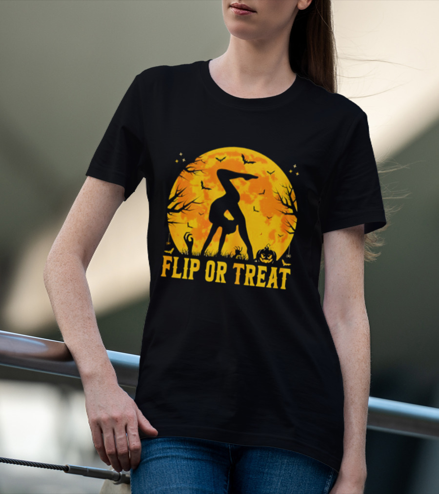 Flip Or Treat Halloween Gymnastics Moon Silhouette Spooky Pumpkin T-Shirt